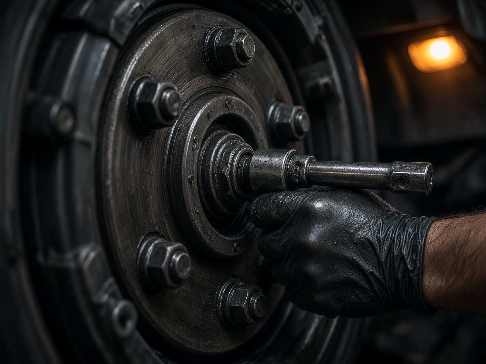 Close-up of a heavy-duty wheel and brake assembly being serviced