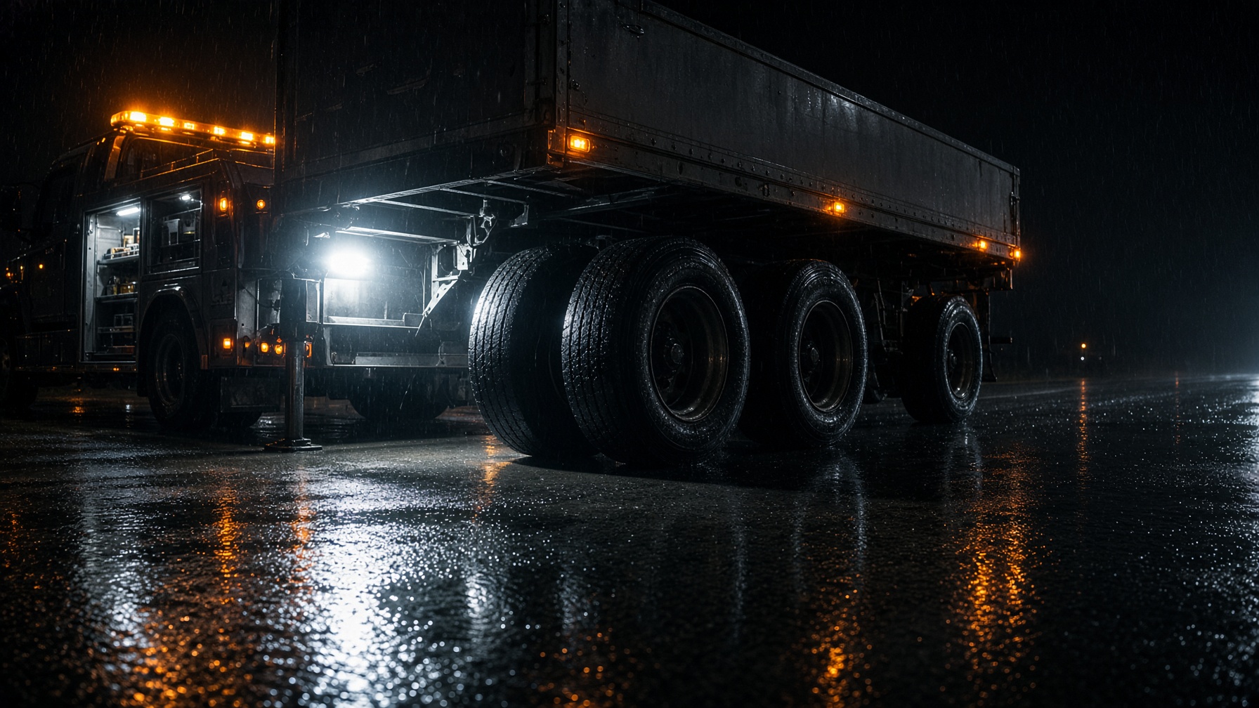 Nighttime roadside trailer axle repair under work lights in the rain