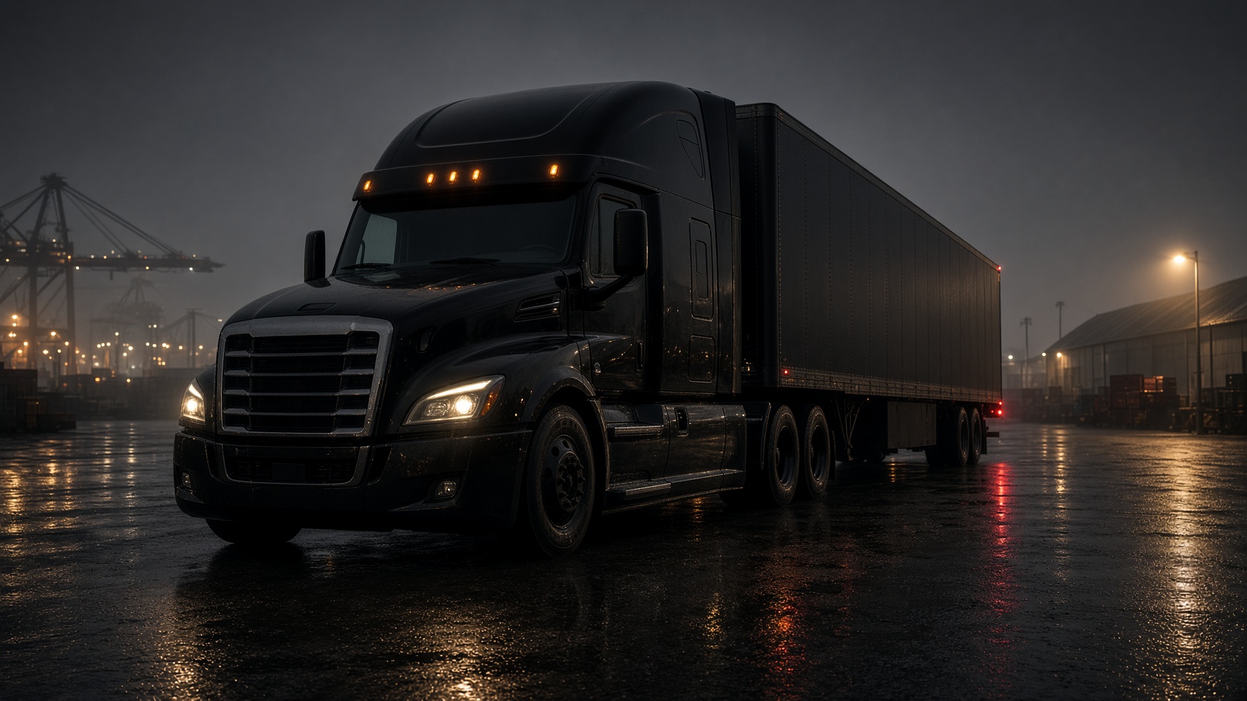 Black semi-truck and trailer on wet industrial asphalt at dusk