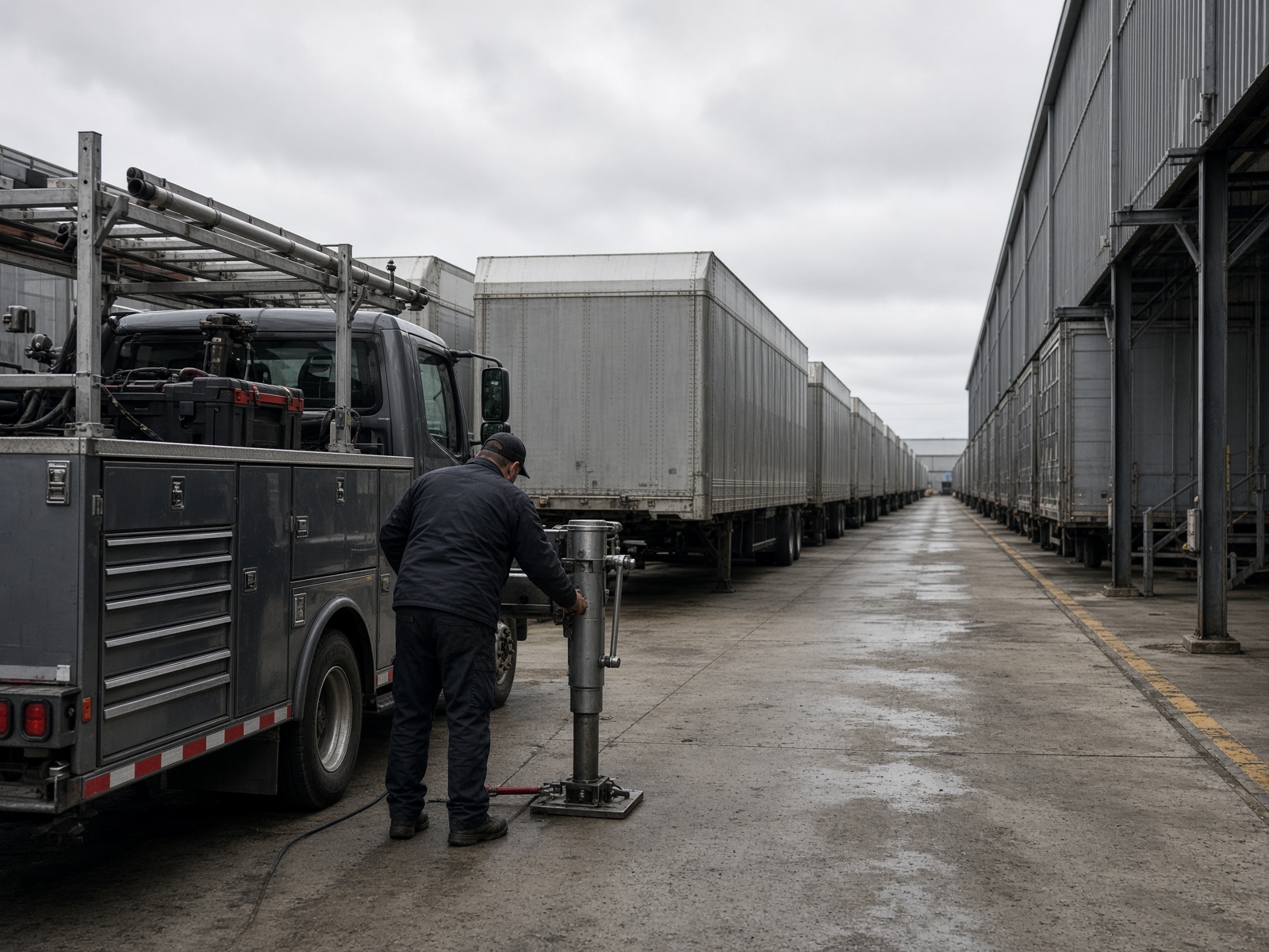 Technician inspecting trailer landing gear in a commercial truck yard